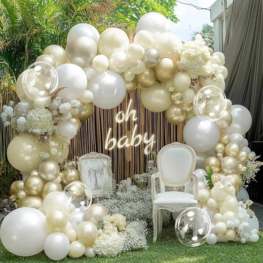 White Gold Balloon Arch Double Stuffed Pearl White Sand Cream Gold Balloon Garland Kit Pearl Ivory Beige Balloons for Wedding Baptism Bridal Shower Birthday Baby Shower Bachelorette Party Decor