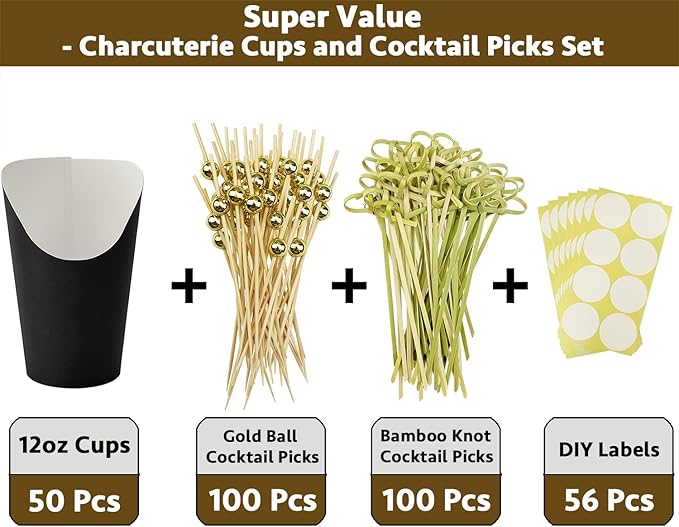 CAMKYDE 50 Charcuterie Cups + 200 Cocktail Picks + 56 Labels, 12 oz Disposable Charcuterie Cups with Sticks (2 Types), French Fry Cups Brown Paper Appetizer Cups for all Occasions（Black）
