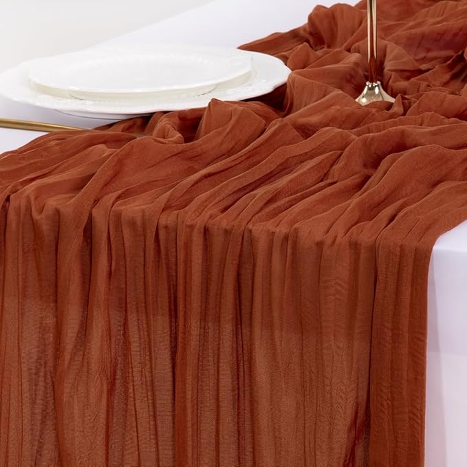 Socomi 6pcs Terracotta Fall Thanksgiving Cheesecloth Table Runner Boho Rustic Gauze 120 inch 10FT Cheese Cloth Runner for Wedding Party Baby Shower Birthday Home Decor Holiday Decorations