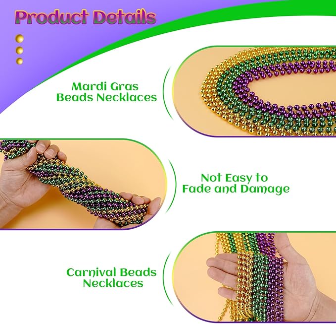 SHAOQINLIN Mardi Gras Beads, 24Pcs Mardi Gras Beads Necklaces 33'' 7 mm Metallic Gold Green Purple Bead Necklaces Mardi Gras Decorations for Mardi Gras, Christmas, Party Favors