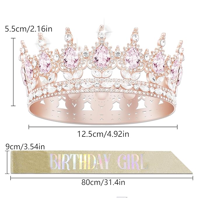 Queen Crown Birthday Crowns for Women, Birthday Girl Sash, Birthday Tiara for Women Set, Princess Rhinestone Birthday Girl Headband Birthday Gifts for Women, Sweet Happy Accessories