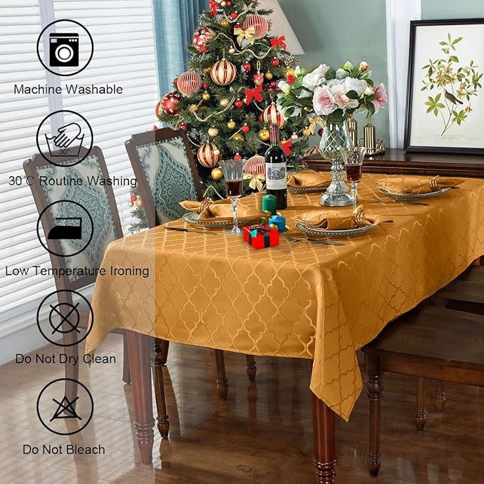 SASTYBALE Amber Jacquard Damask Tablecloth - 52x52 Inch Square (Fits 2-4 Seats) - Fall Thanksgiving Decor - Water Resistant, Wrinkle-Free Polyester Fabric, Rustic Harvest Dining Cover for Parties