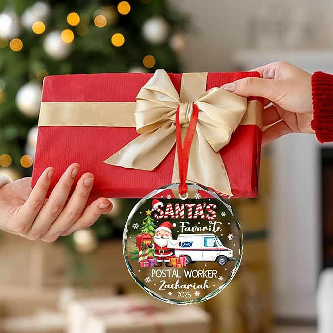 Santa's Favorite Postal Worker Christmas Glass Ornament 2025, Gifts for Mail Carrier Service, Custom Name & Year for Xmas Tree Decor, Personalized Merry Christmas Postal Worker Ornament Gift Ideas