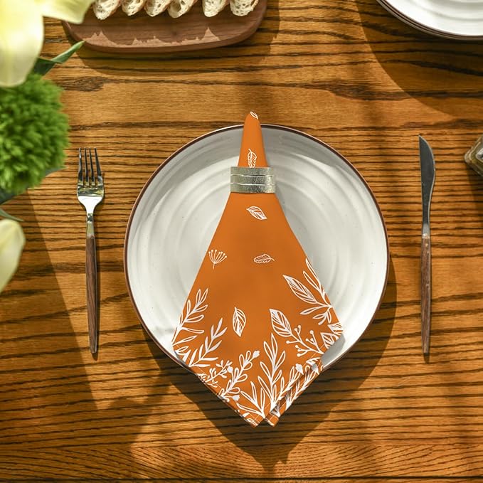 Horaldaily Fall Cloth Napkins 18 x 18 Inch, Thanksgiving Autumn Harvest Orange Wild Flowers Party Dinner Decoration Washable Napkins Set of 4