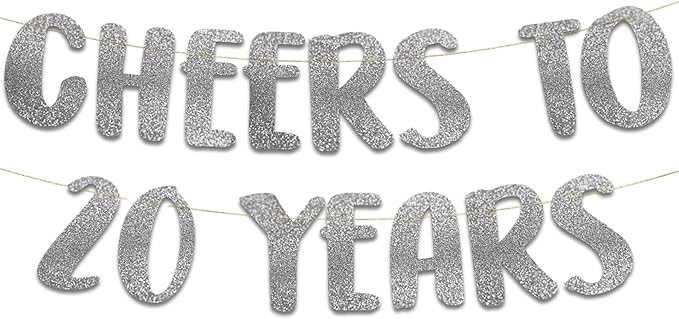 Cheers to 20 Years Silver Glitter Banner - 20th Anniversary and Birthday Party Decorations