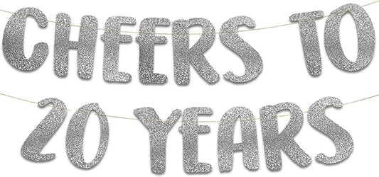 Cheers to 20 Years Silver Glitter Banner - 20th Anniversary and Birthday Party Decorations