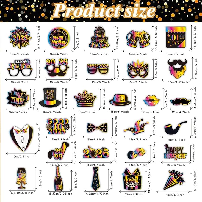 Glitter New Year’s Photo Booth Props 2026 - Pack of 30 | Eve 2026, Happy Decorations Party Supplies