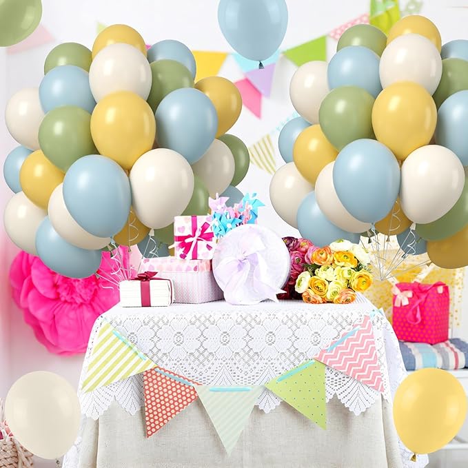 Sage Green Dusty Blue Yellow Balloons, 50PCS 12inch Olive Green Macaron Yellow Mist Blue White Sand Cream Latex Balloon for Birthday Wedding Baby Shower Party Deocrations Supplies