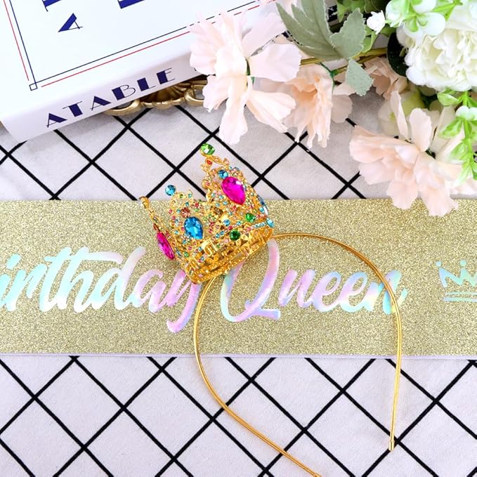 Birthday Queen Sash for Women Tiara & Crowns Headbands for Girls Happy Birthday Party Accessories Favor Supllies Leona Gold Pink, 2 Pack