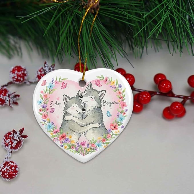 Custom Couple Wolf Wedding Ceramic Ornament, Couples Wolf Together Ornament Christmas 2025, Heart Floral Animal Decoration, Gift for Him Her, Personalized Names Mr & Mrs Wolves Ornaments Xmas