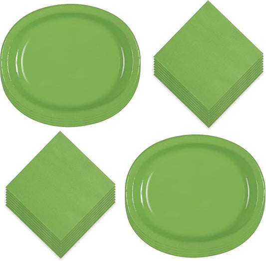 Solid Lime Green Large Oval Paper Dinner Plates and Lunch Napkins, Green Party Supplies and Table Decorations (Serves 16)