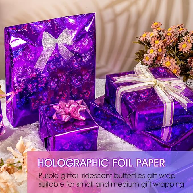 Yarcony Purple Wrapping Paper Roll, Holographic Butterfly Wrapping Paper - 17 Inch x 33 Feet - Shiny Iridescent Butterflies Design Thick Purple Gift Wrap for Birthday, Wedding, Christmas, Halloween