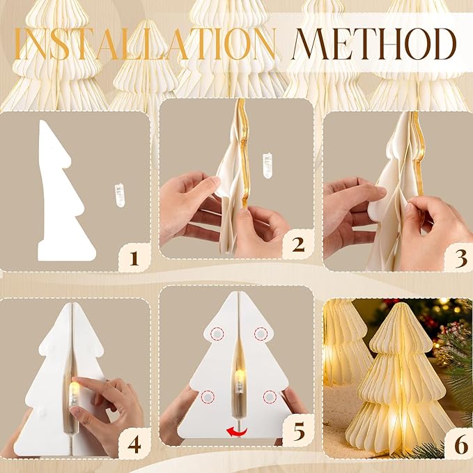 5 Pcs Christmas Table Decorations Indoor, 3D Honeycomb Paper Christmas Trees, Light Up Vintage Table Centerpieces for Christmas Winter Wonderland Holiday Party Weddings Home Decor, 8/10/12 Inch