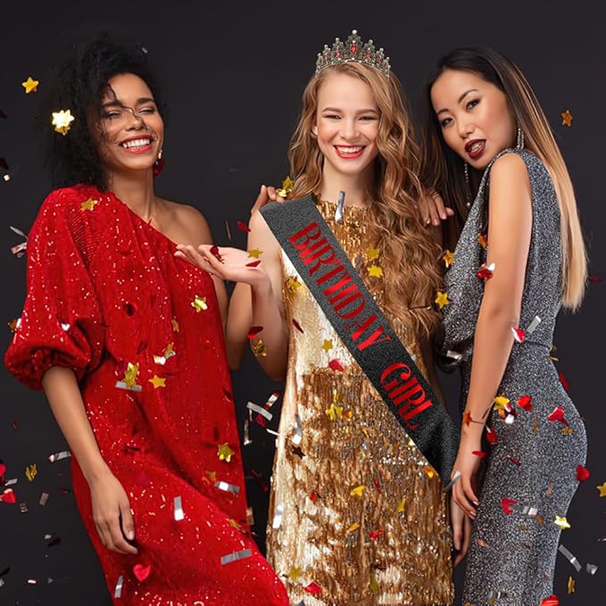 Birthday Crown Headband Sash Adult Crowns for Women - Black and Red Tiara for Birthday and Halloween Parties