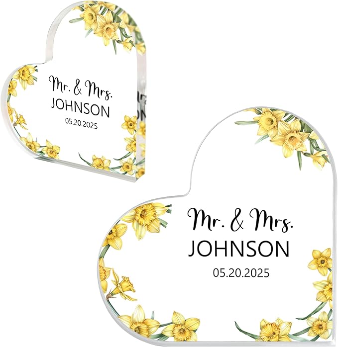 Custom Wedding Heart Acrylic Plaque,Mr & Mrs Cake Topper,Personalized Wedding Keepsake/Gift/Sign (Style 7)