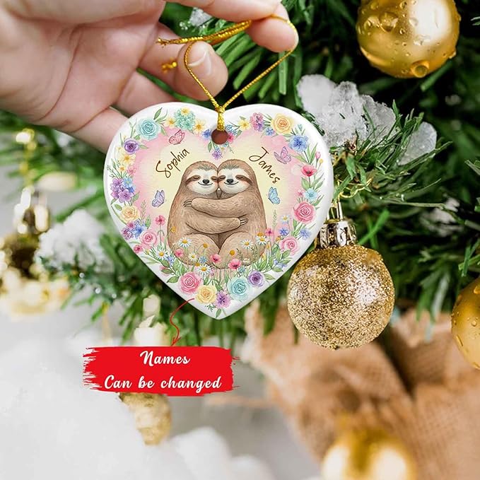 Sloth Couple Newly Engaged Christmas Ornament, Personalized 1St Xmas Together Ceramic Ornament, Cute Couple Sloth Keepsake Gift for Mr & Mrs Mom Dad, Custom Names Sloths Animal Lover Ornaments