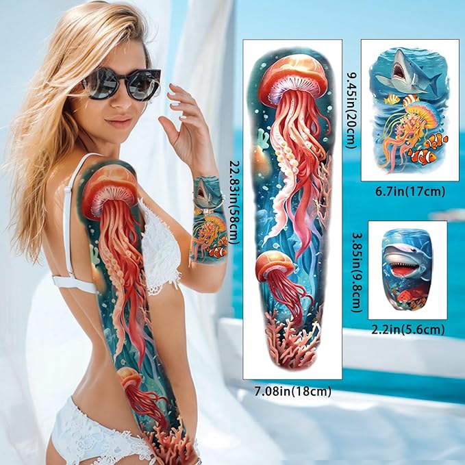 46 Temporary Tattoo for Men Women, 8 Full Arm Shark Dolphin Fake Tattoos, 8 Half Arm Ocean Fish Fake Tattoos, 30 Tiny for Adults Kids Body Tattoos Stickers Waterproof Realistic