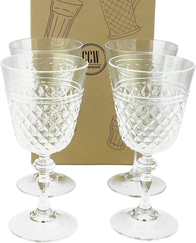 PG Plastic Wine Glasses 15oz - Set of 4 Clear Acrylic Water Glasses - Plastic Tumblers, Safe & Reusable, Drinkware for Indoor & Outdoor Glassware