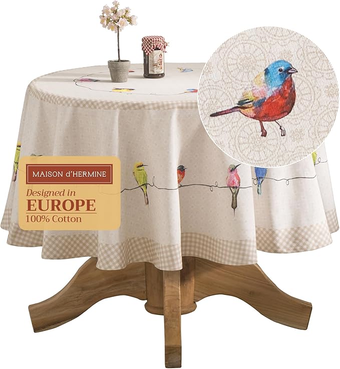 Maison d' Hermine Table Cloth Round Table 100% Cotton 63 Inches Tablecloth Reusable Decorative Everyday Use for Dining Room, Farmhouse, Home, Party, Festive & Wedding Spring Summer - Birdies On Wire