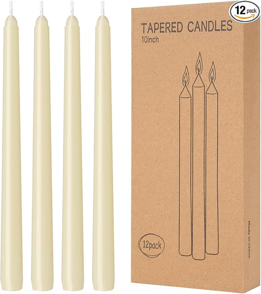 12 Pack Ivory Taper Candles 10 inch - Taper Candles Dripless, Smokeless, Unscented - 8 Hours Long Burning - Hand Poured Tall Candlesticks - Perfect for Home Decor, Weddings, and Special Occasions