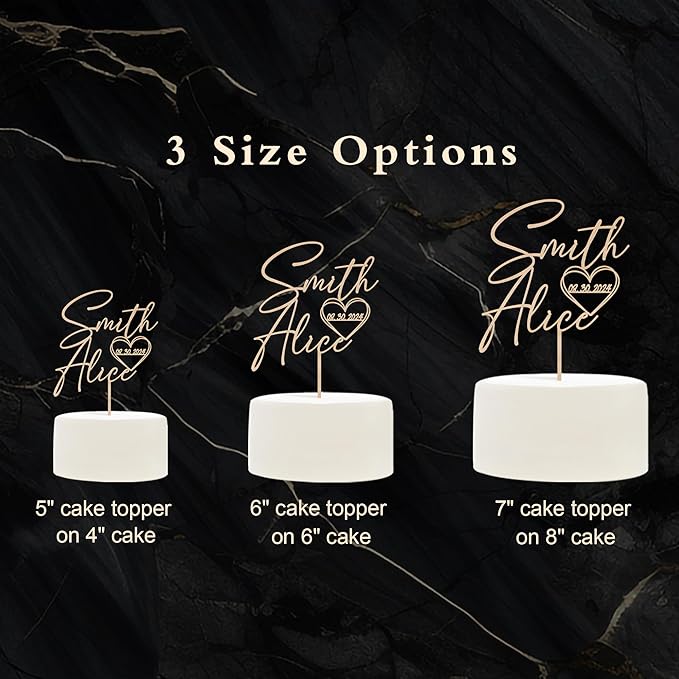 Personalized Wedding Cake Topper with Custom Bride and Groom's Names and Wedding Date in Heart Cake Decoration in Wood