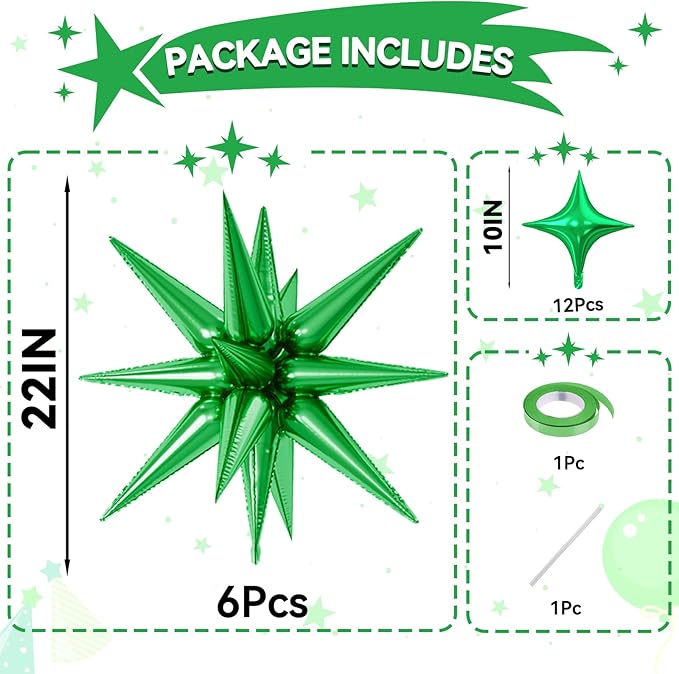 18 Pcs Green Star Balloons, Green Balloon with 6 Pcs 22-Inch Explosion Star Balloons 12Pcs 10-Inch Four Pointed Stars Foil Balloon for Jungle Safari Theme Football Birthday Party Decorations