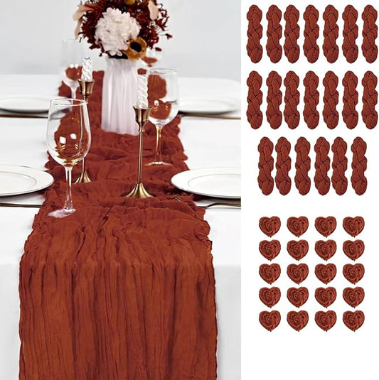20PCS Terracotta Cheesecloth Table Runner 10ft Boho Gauze Fabric Cheese Cloth Table Runner Comes with 20 Cloth Napkins Runner for Romantic Wedding Birthday Shower Party Table Decoration