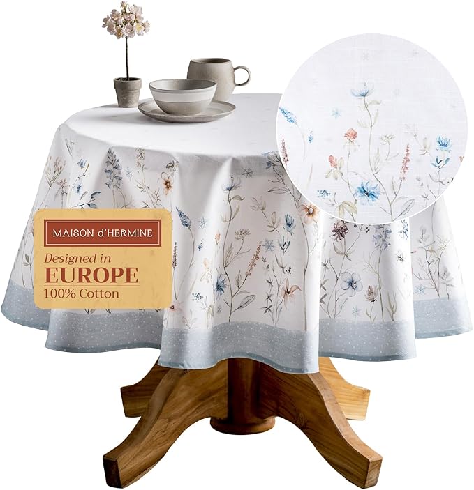 Maison d' Hermine Table Cloth Round Table 100% Cotton 69 Inches Fall Tablecloth Reusable Everyday Use for Thanksgiving Christmas Decorations Dining Farmhouse Party (Ice Florals)