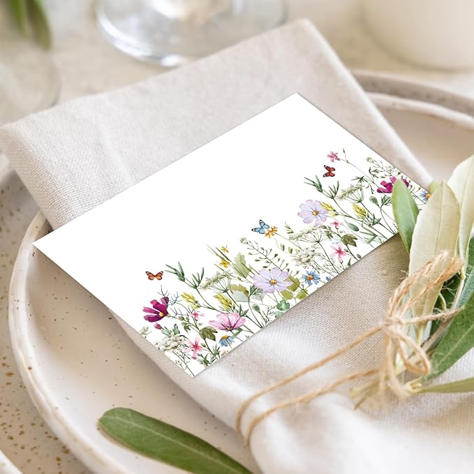 Whaline 100Pcs Wildflower Place Cards 2 x 3.5 Inch Watercolor Floral Butterfly Tented Cards Seating Cards for Spring Wedding Bridal Shower Party Table Setting