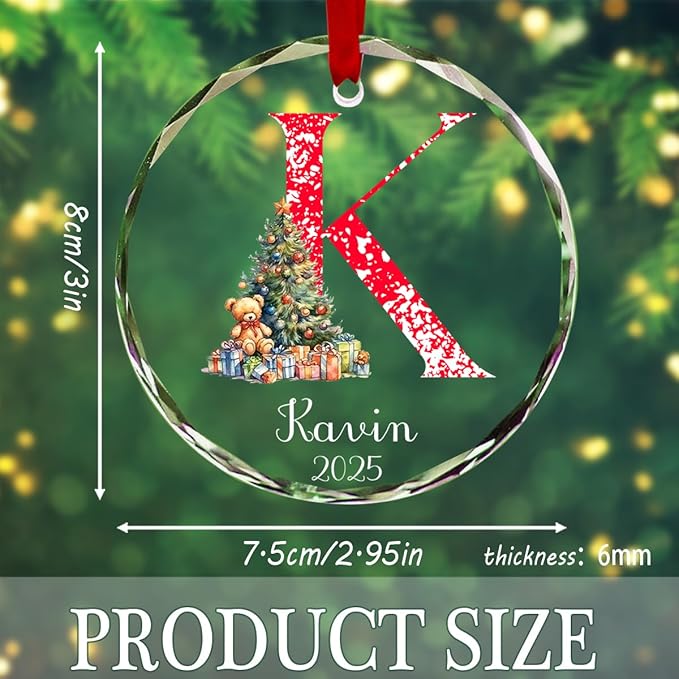 Personalized Round Christmas Crystal Glass Ornaments Custom 2025 Name Ornament for Christmas Tree Decorations Customized Xmas Tree Hanging Gifts for Family Friends