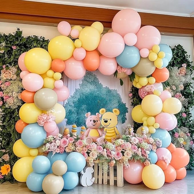Yellow Blue Pink Balloon Garland Double Stuffed Pastel Pink Blue Yellow Peach Sand White Balloon Arch Kit for Baby Bridal Shower Birthday Wedding Bee Bear Flower Tea Party Decor