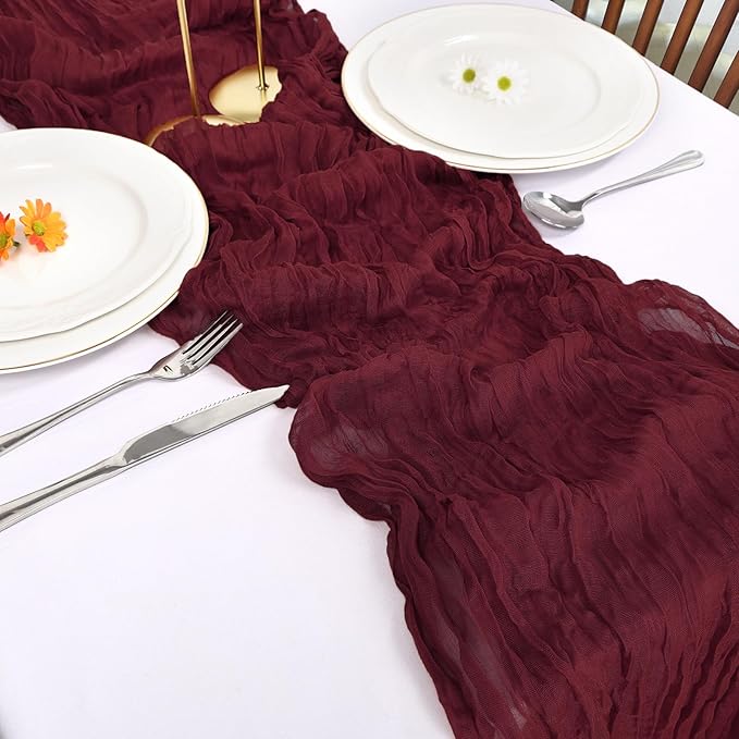 6 Pack Burgundy Cheesecloth Table Runner 10FT Boho Cheese Cloths Gauze Fabric Table Runners 120 Inch Rustic for Christmas Fall Thanksgiving Wedding Birthday Party Baby Shower Home Decorations