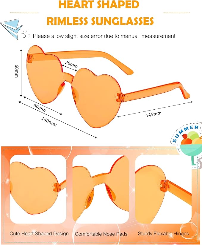 40 Pairs Heart Shaped Sunglasses Bulk, Colorful Rimless Fun Heart Sunglasses for Women Party Favors