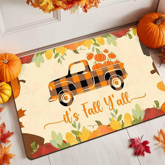 Fall Welcome Maple Leafs Decorative Door Mat, Autumn Thanksgiving Doormat for Indoor Outdoor Entrance Floor Mats,Fall Pumpkins Non Slip Harvest Vintage Decor Rubber Welcome Mats 30" x 18" Inch