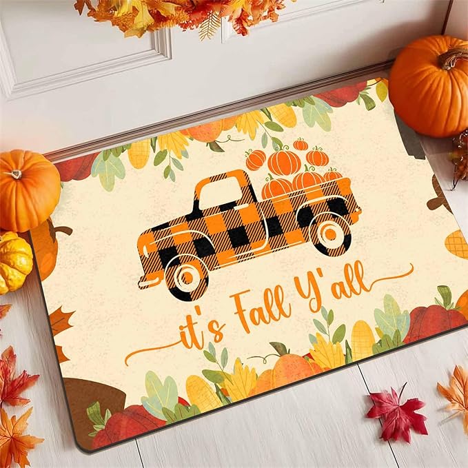 Thanksgiving Doormat Fall Welcome Buffalo Plaid Truck Door Mat Front Door Outdoor Doormat Outside Entrance Porch Non Slip Rubber Rug Autumn Halloween Thanksgiving Farmhouse Decor, 24"x16"inch
