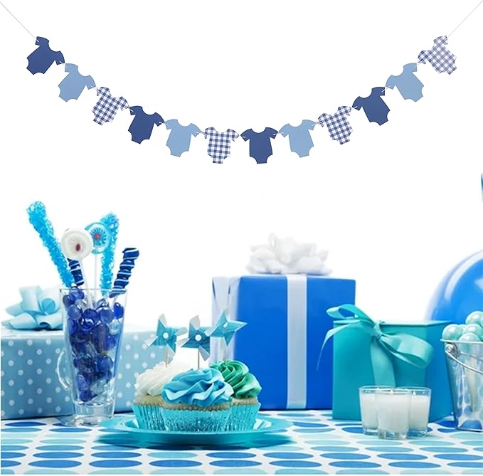 Blue Bodysuit Banner - Baby Shower Decoration Gingham Banner,Baby Bodysuit Gender Reveal Party(Navy)