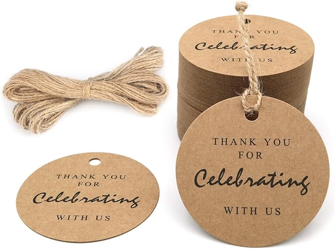 G2PLUS Thank You for Celebrating with Us Tags, 2.2in Original Design Kraft Paper Gift Tag, 100 PCS Thank You Present Tags with String for Gift Wrap, Wedding, Baby Shower, Holiday Party Favor (Brown)