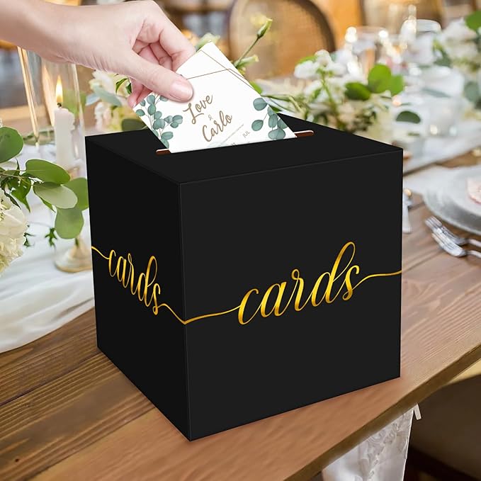 1 Pack Black and Gold Card Box for Party, 8.7" Black Gift Card Box for Birthday, Wedding, Baby Shower, Retirement, Anniversary, Bridal Shower, Graduation, Raffle Ticket