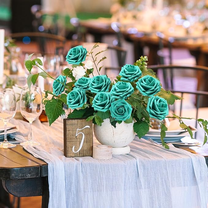 100PCS Dark Turquoise Artificial Flowers Realistic Roses, Real Looking Fake Roses with Stem for DIY Wedding Bouquets Centerpieces Bridal Shower Party Home Romantic Decorations (Dark Turquoise, 100pcs)