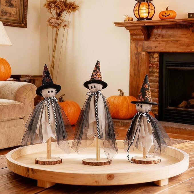 Halloween Decorations Indoor, Set of 3 Sizes Fabric Ghosts with Spiderweb Witch Hats, Primitive Wood Ghost Kit for Table Centerpiece Farmhouse Shelf Mantel Kitchen Home Decor (Black)