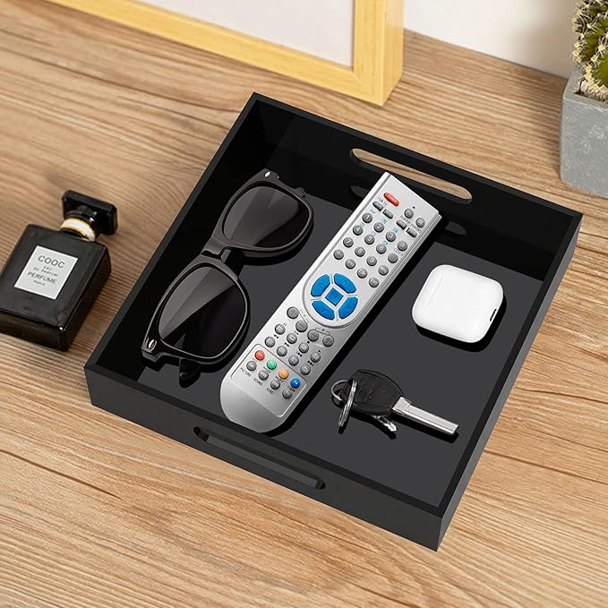 Home Decorative Coffee Table Tray, 10"x10" Elegant Acrylic Serving Trays with Handles Works for Eating, Breakfast, Makeup Drawer Organizer,Bathroom Vanity Table,Ottoman Tray, Black