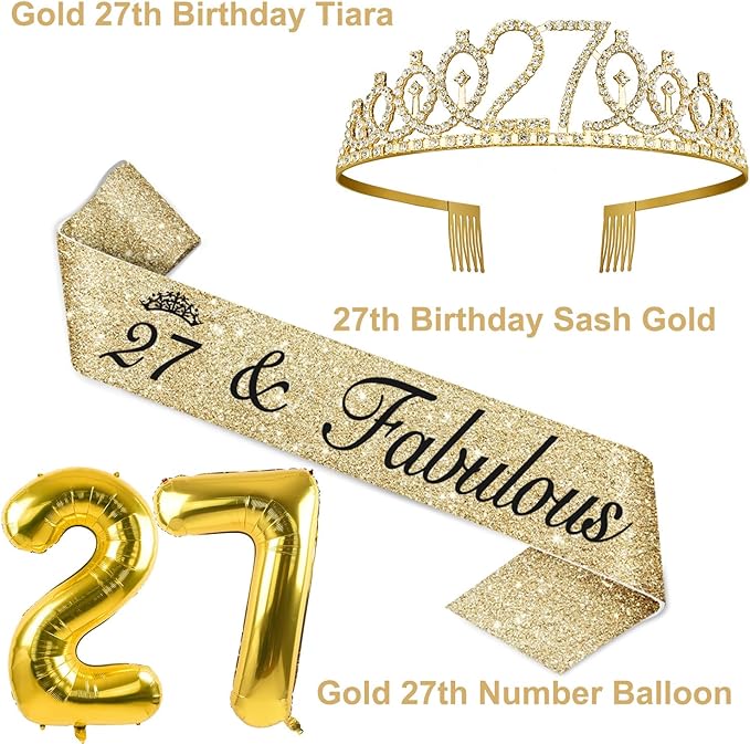 27th Birthday Decorations for Women Gold Set with 27th Birthday Tiara and Sash, Cake Topper and Candles, Number Balloons, 27 Year Old Gifts for Women