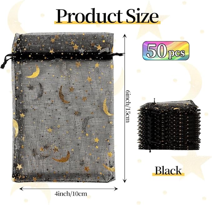 Moon Star Organza Bags 4x6 Small Mesh Bag Drawstring 50 Pcs Mesh Gift Bags Drawstring Pouch Wedding Favor Bags Jewelry Pouches Bulk Gift Pouch for Candy Soaps Birthday Festival Party Supplies, Black