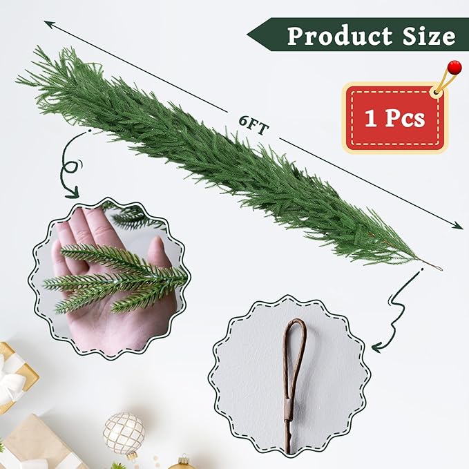 Artificial 6Ft Norfolk Pine Garlands, Christmas Winter Pine Garland, Real Touch Faux Green Greenery Garland for Table, Fireplace, Stairs, Mantle, Window, Indoor, Outdoor Christmas Decorations