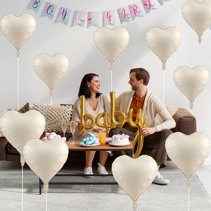 Cream Heart Balloons, 18 Inch Cream Heart Foil Balloons, 12Pcs Boho Beige Heart Shape Foil Balloon, Cream White Helium Foil Balloon Party Decoration for Boho Wedding Girls Women Birthday Baby Shower