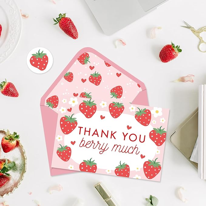 Whaline 50 Packs Strawberry Thank You Cards Red Pink Strawberry Flower Greeting Cards Blank Note Card Boxed with Envelopes and Stickers for Birthday Baby Shower, 4 x 6 Inch