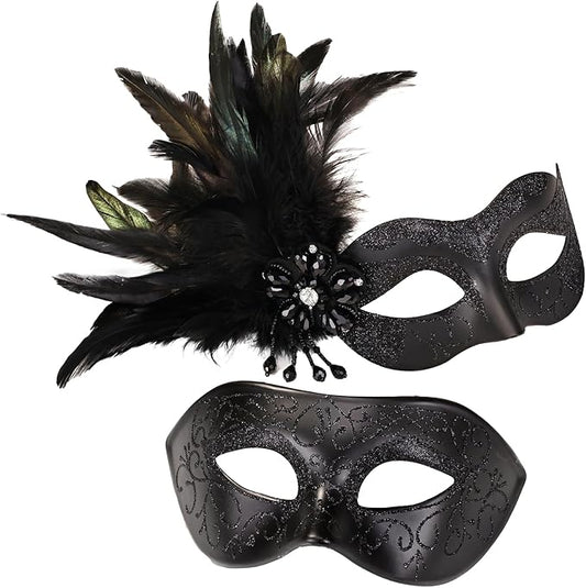 Black Couples Masquerade Mask Set - Women's Masquerade Masks with Feathers & Venetian Mask for Men, Mardi Gras, Halloween, Cosplay, Prom, Christmas