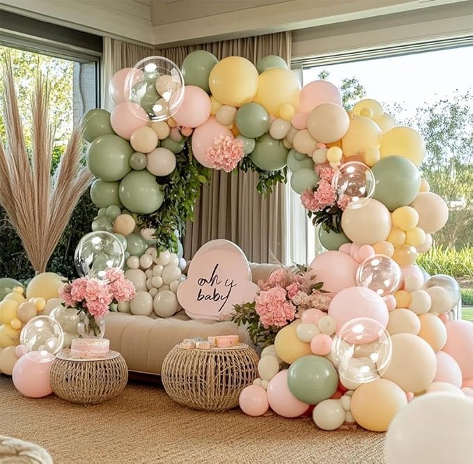 Pastel Green Pink Balloon Arch Kit Double Stuffed Dusty Sage Green Pink Yellow White Sand Balloon Garland Beige Cream Balloons for Baby Bridal Shower Birthday Wedding Fairy Flower Tea Party Decor