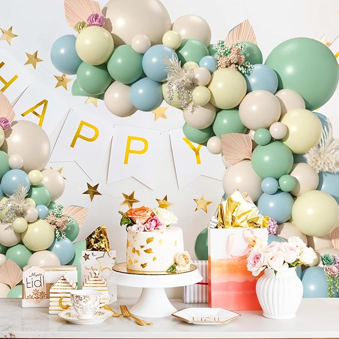 Blue and Yellow Balloon Garland, Pastel Yellow Dusty Blue White Sand Balloon Arch White Avocado Green Balloon for Kids Theme Baby Shower Birthday Bridal Wedding Party Decorations