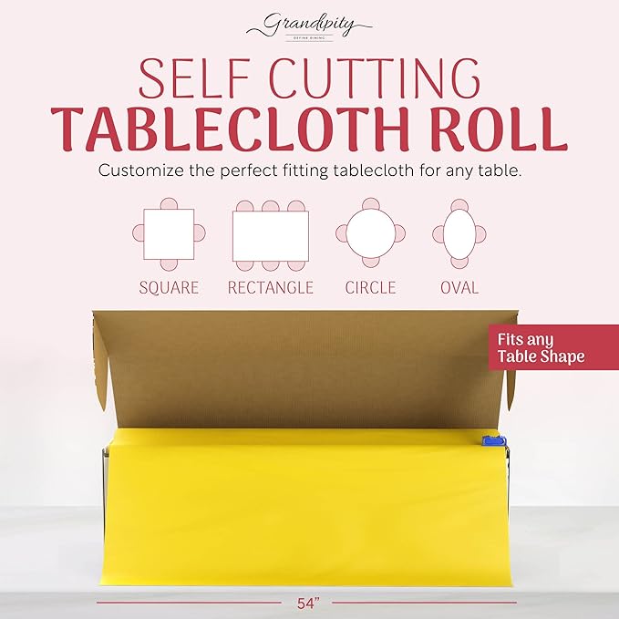 Grandipity Plastic Tablecloth Roll - 54in x 300 Ft. Yellow Plastic Table Cloths for Parties Disposable with Cutter Box - Cut to Size Disposable Tablecloth Table Cover for Rectangle & Round